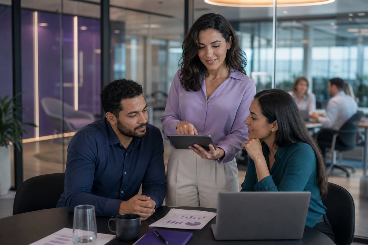 Profissionais de RH analisando dados da solução MindRisk em uma reunião